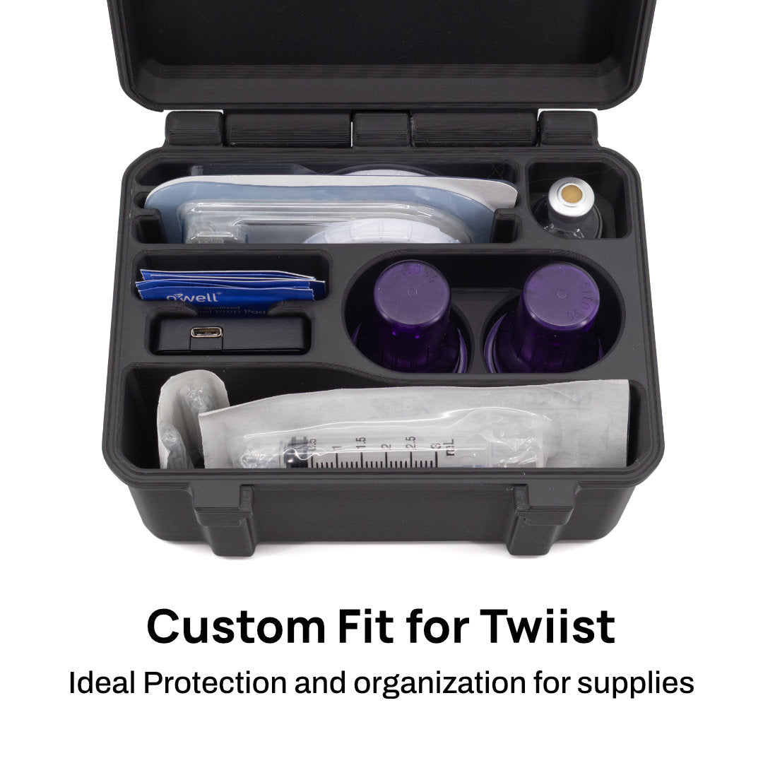An open black hard case with custom molded compartments holding medical or supply items, shown on a white background with the text 'Custom Fit for Twist' and 'Ideal Protection and organization for supplies' below.