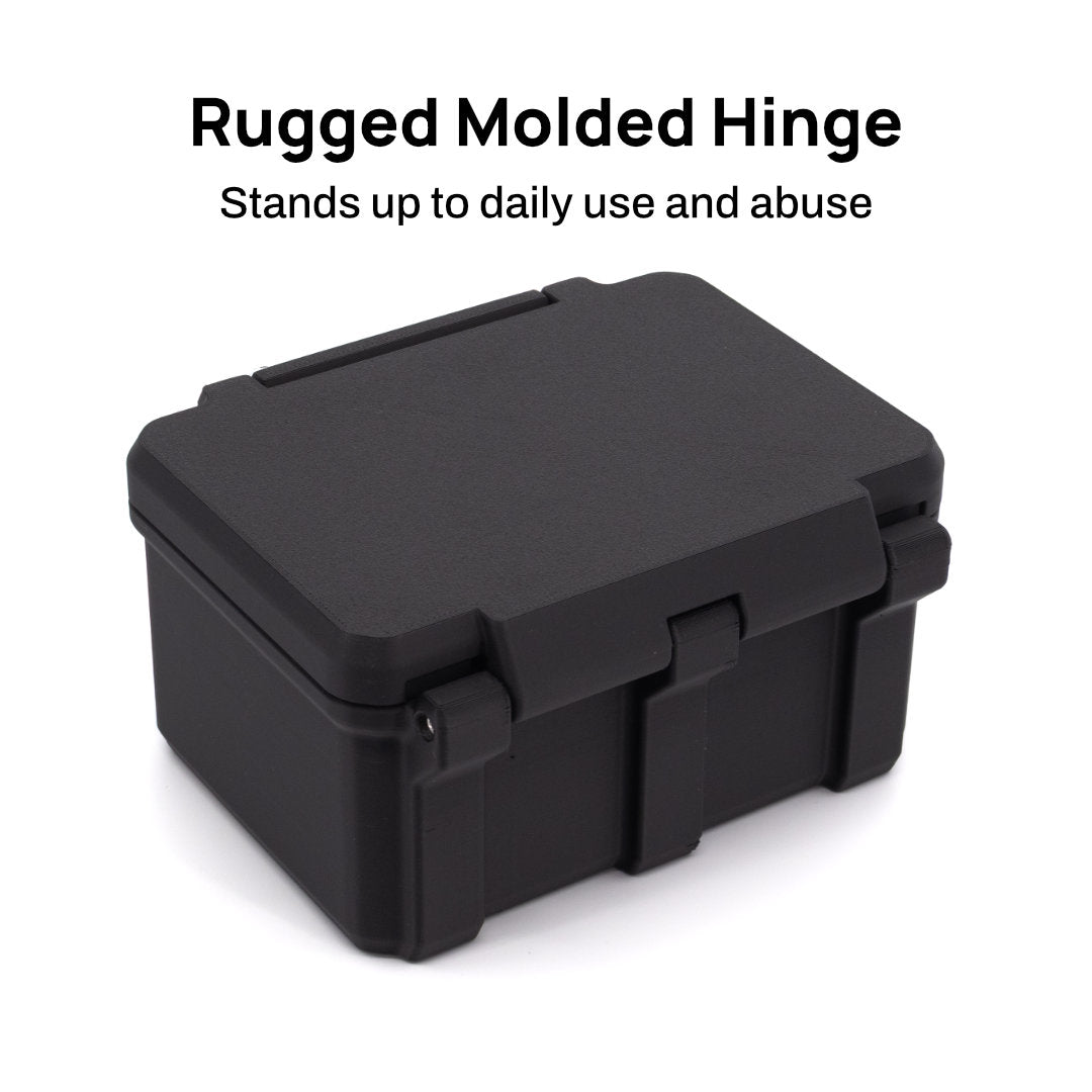 A black rugged molded latching case shown on a white background with text above reading 'Rugged Molded Hinge' and 'Stands up to daily use and abuse.'.
