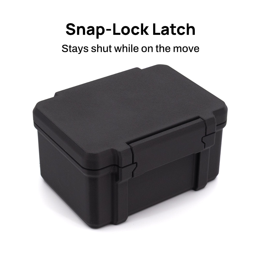 A black plastic snap-lock latch box shown on a white background with text reading 'Snap-Lock Latch' and 'Stays shut while on the move' above it.