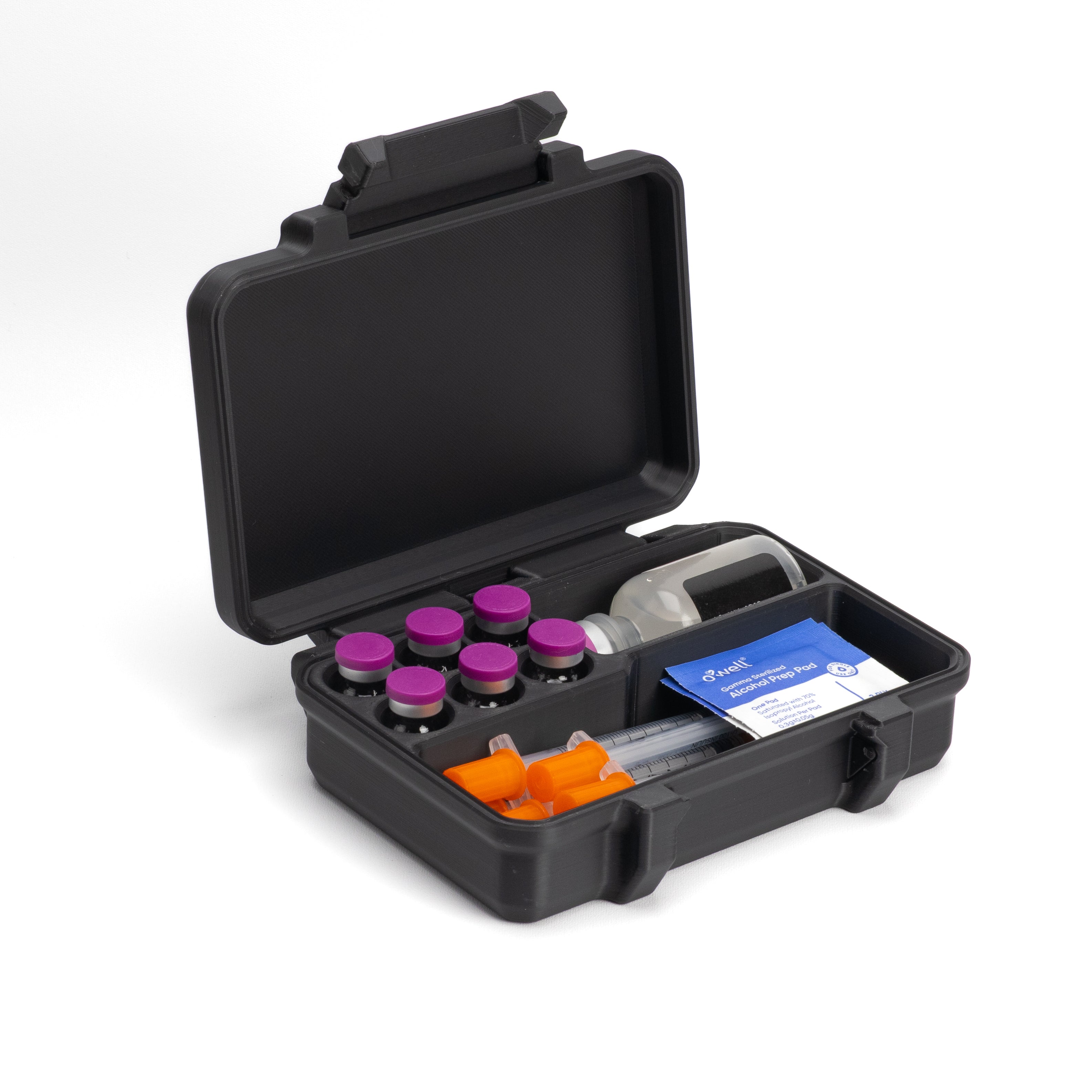 3ml Six Vial Peptide Travel Case | Plus 30ml Bacteriostatic Water and Syringe Compartments