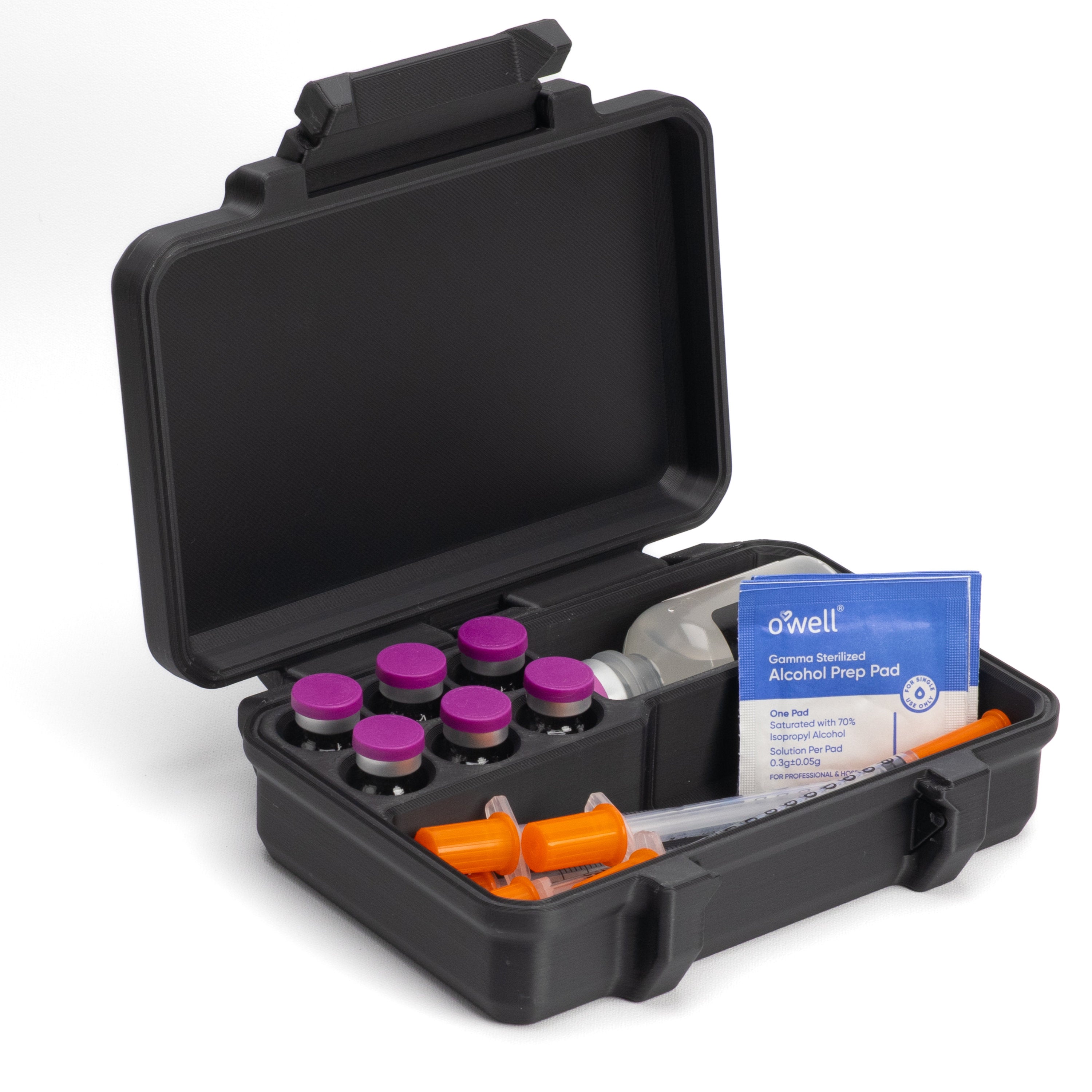 3ml Six Vial Peptide Travel Case | Plus 30ml Bacteriostatic Water and Syringe Compartments