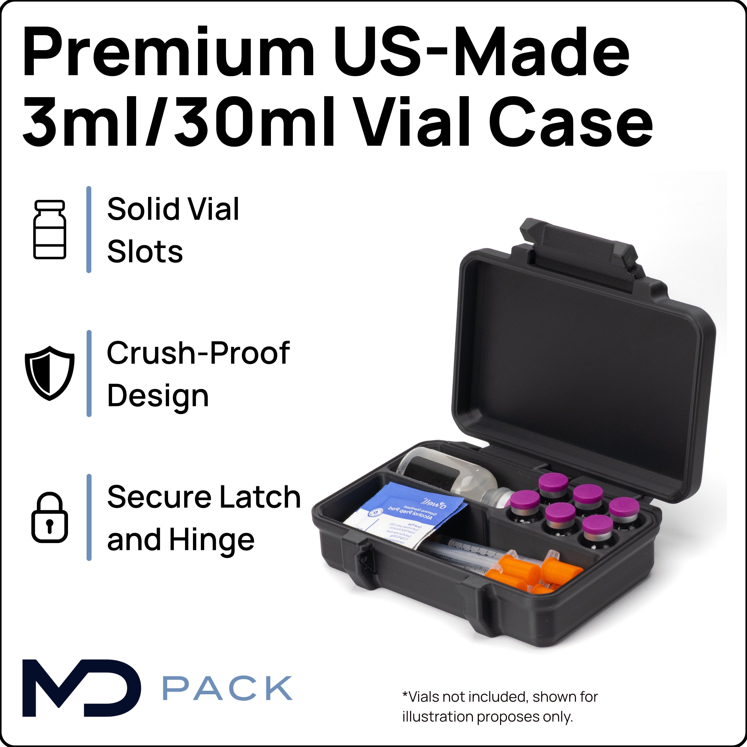 3ml Six Vial Peptide Travel Case | Plus 30ml Bacteriostatic Water and Syringe Compartments