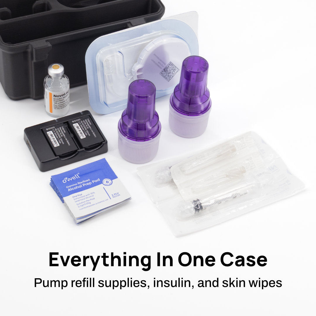 insulin pump refill kit contents arranged on a white background, including a black storage case, pump refill bottles with purple caps, a small vial, dual batteries, a blue and white packet, skin wipes, and a syringe in a clear bag. Text at the bottom reads 'Everything In One Case' and 'Pump refill supplies, insulin, and skin wipes'.