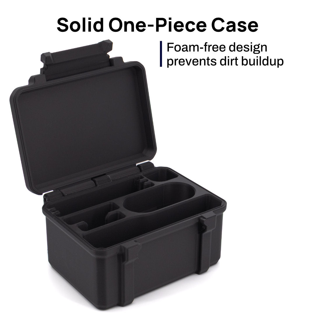 A black solid one-piece foam organizer case shown open on a white background, with text reading 'Solid One-Piece Case' and 'Foam-free design prevents dirt buildup.'.