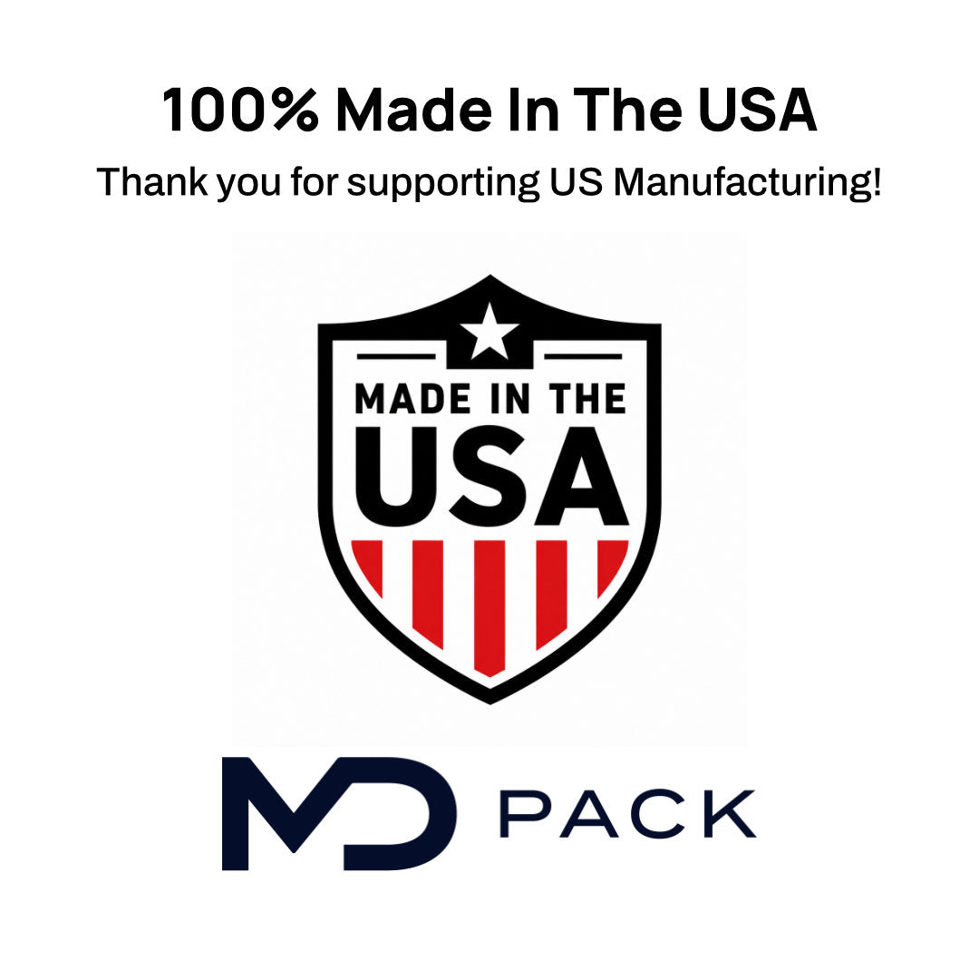 A promotional graphic on a white background with the text '100% Made In The USA' and 'Thank you for supporting US Manufacturing!' above a shield emblem reading 'MADE IN THE USA' with red and black stripes, and the MD PACK logo below.